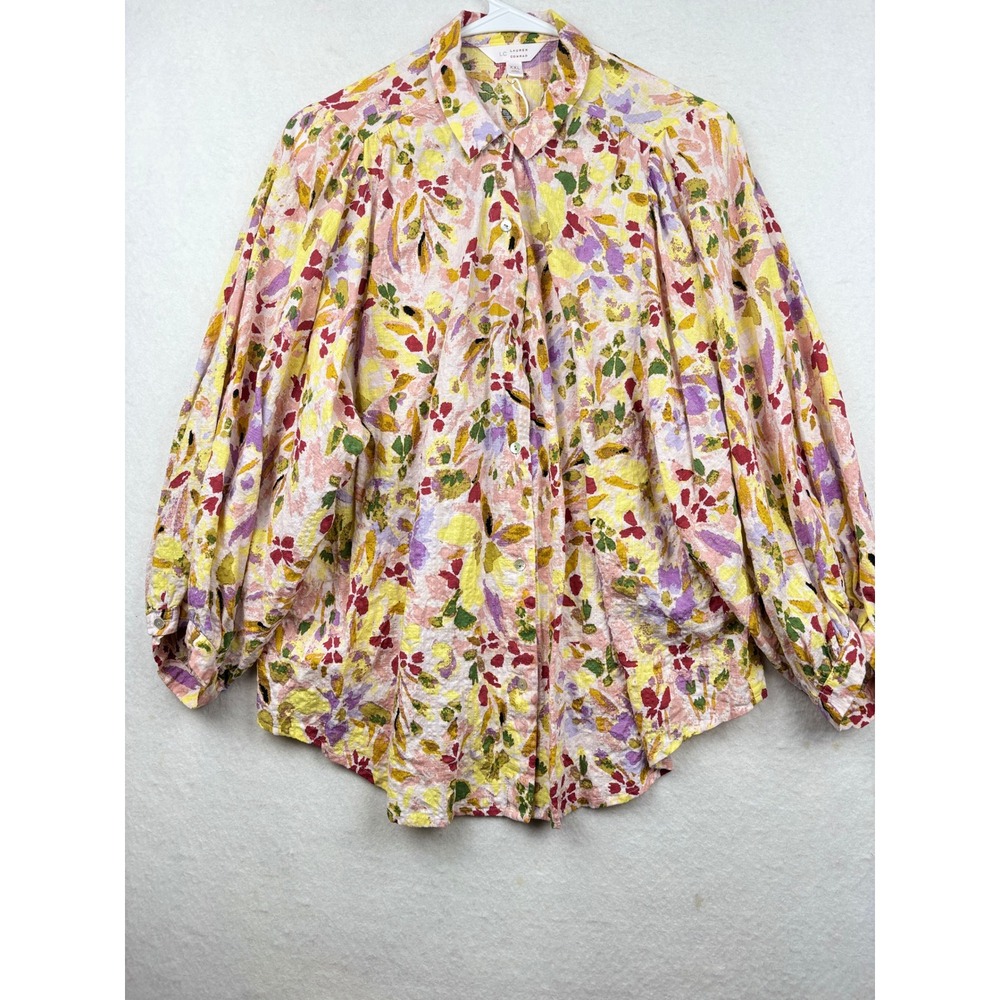LC Lauren Conrad Floral Button Down Blouse Womens XXL Balloon Sleeve Cottagecore